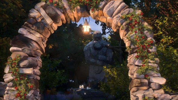 一座半坍塌的石质神庙矗立在悬崖边缘，门前立柱刻有神秘符文图案