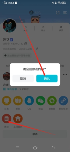 删除确认弹窗界面，左下方显示红色删除按钮，右侧为确认提示语