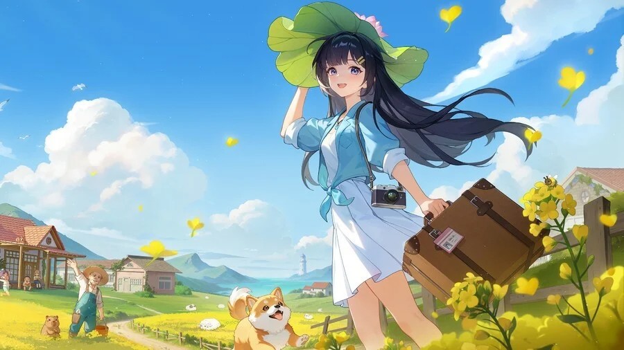 《星砂岛》游戏主视觉图，展示阳光洒落的田园风光，远处有小屋、农田与漂浮岛屿