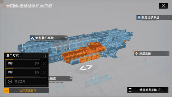 舰船生产界面中多个太阳鲸生产方案并列显示，模块配置差异明显，体现高度自定义特性