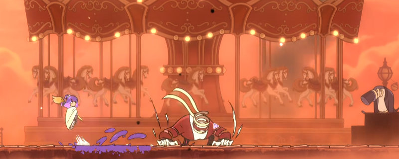 《康斯坦丝》中科内利斯BOSS战场景，画面中‘失控怒焰’释放火焰冲击波，主角正在闪避，背景充满破碎教堂与红色能量光效