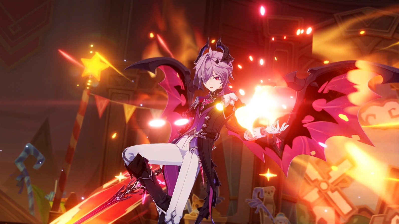 杜林角色立绘展示，身披赤焰鳞甲，双翼展开如烈火燃烧，眼神坚定而深邃，背景为崩裂的古老符文石壁