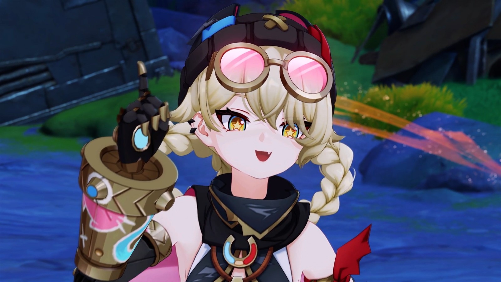 雅珂达角色预告截图，她在雪地中飞跃前行，手中握着发光的秘藏瓶，身旁漂浮着一只机械猫咪，场景充满科技与奇幻交融的气息