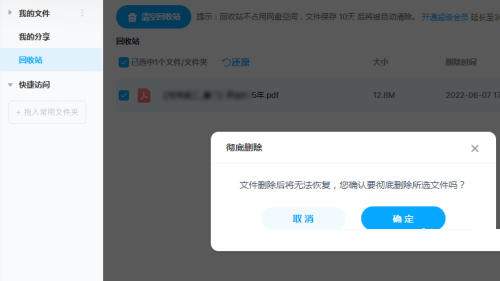 删除成功提示窗口显示‘确定’按钮已生效，表示文件已永久清除