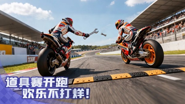 道具赛中多辆摩托车在赛道上激烈碰撞，空中漂浮着加速道具图标