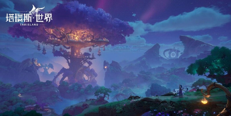 《塔瑞斯世界》游戏宣传图，展示宏伟奇幻大陆与角色战斗场景，天空裂隙中透出神秘光芒