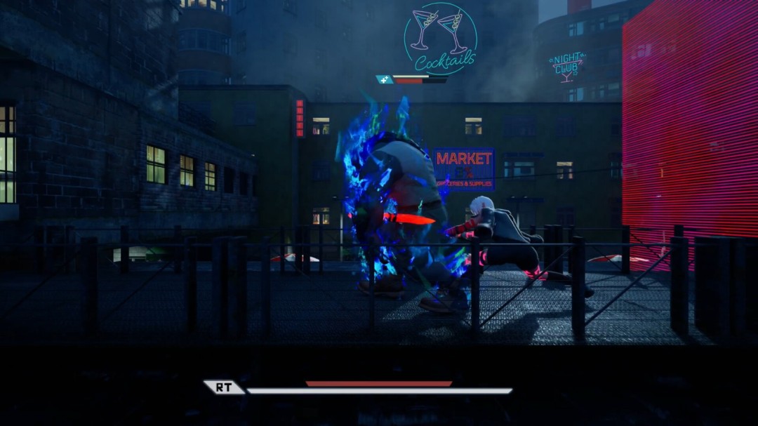 《血姬：双生》主视觉图，女主角身着哥特风长裙站立于血色月光下，背景为都市废墟与浓雾交织的暗黑场景