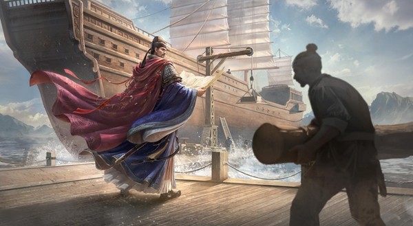 俯视视角下的大规模海战场景，数十艘战舰组成编队在晨曦中列阵，旗帜飘扬，气势恢宏