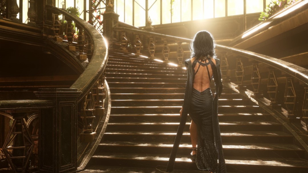 角色身穿黑色Chic礼服正面展示，镂空设计凸显优雅曲线，灯光下质感高级