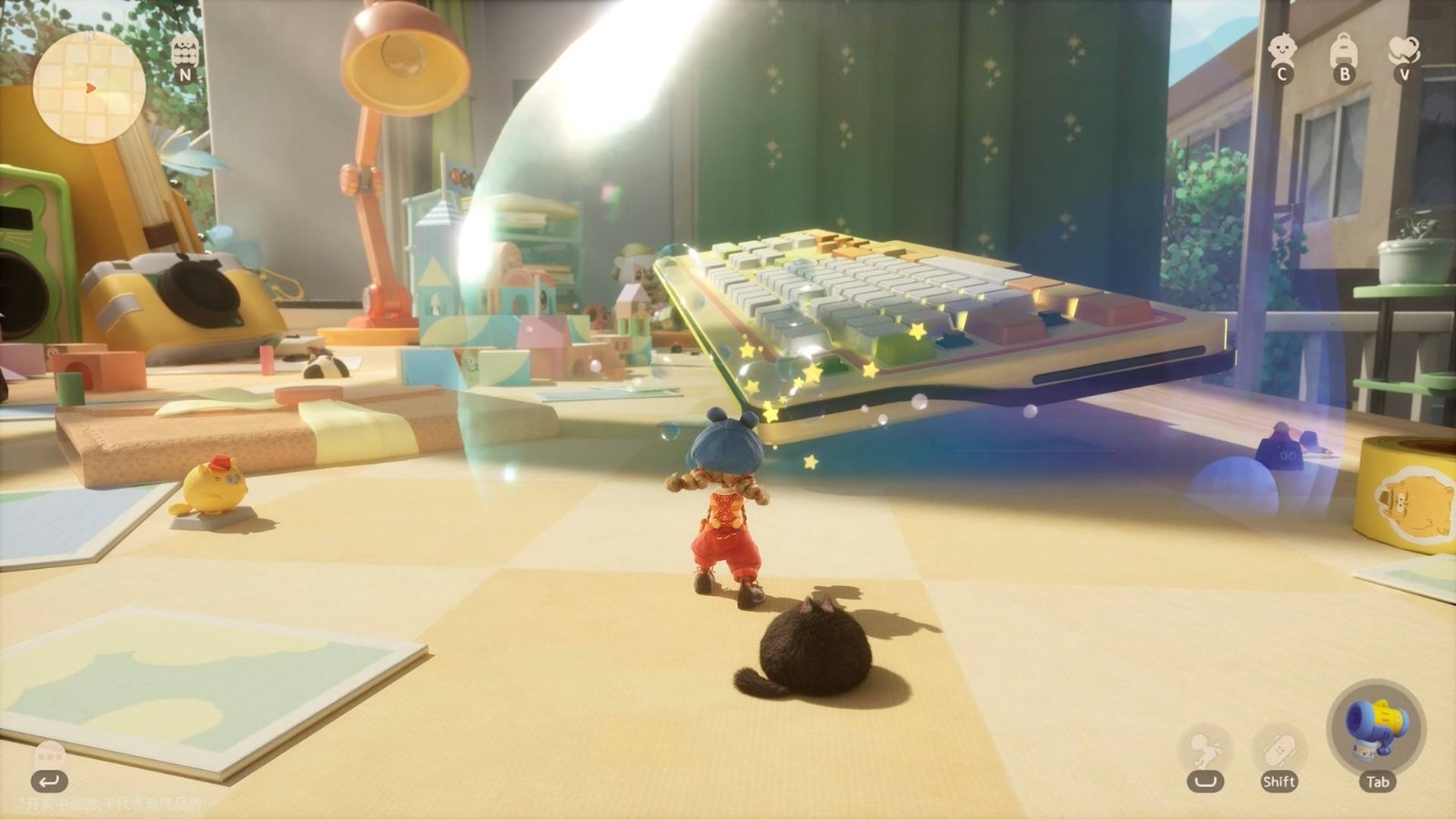 玩家使用缩小枪将手机耳机缩小，随后将其改造成林间秋千，小人正在上面荡起，背景阳光斑驳