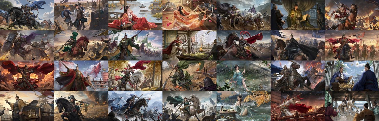 《九牧之野》试玩会现场图，玩家围坐体验游戏，屏幕上显示精美武将立绘与战斗场景