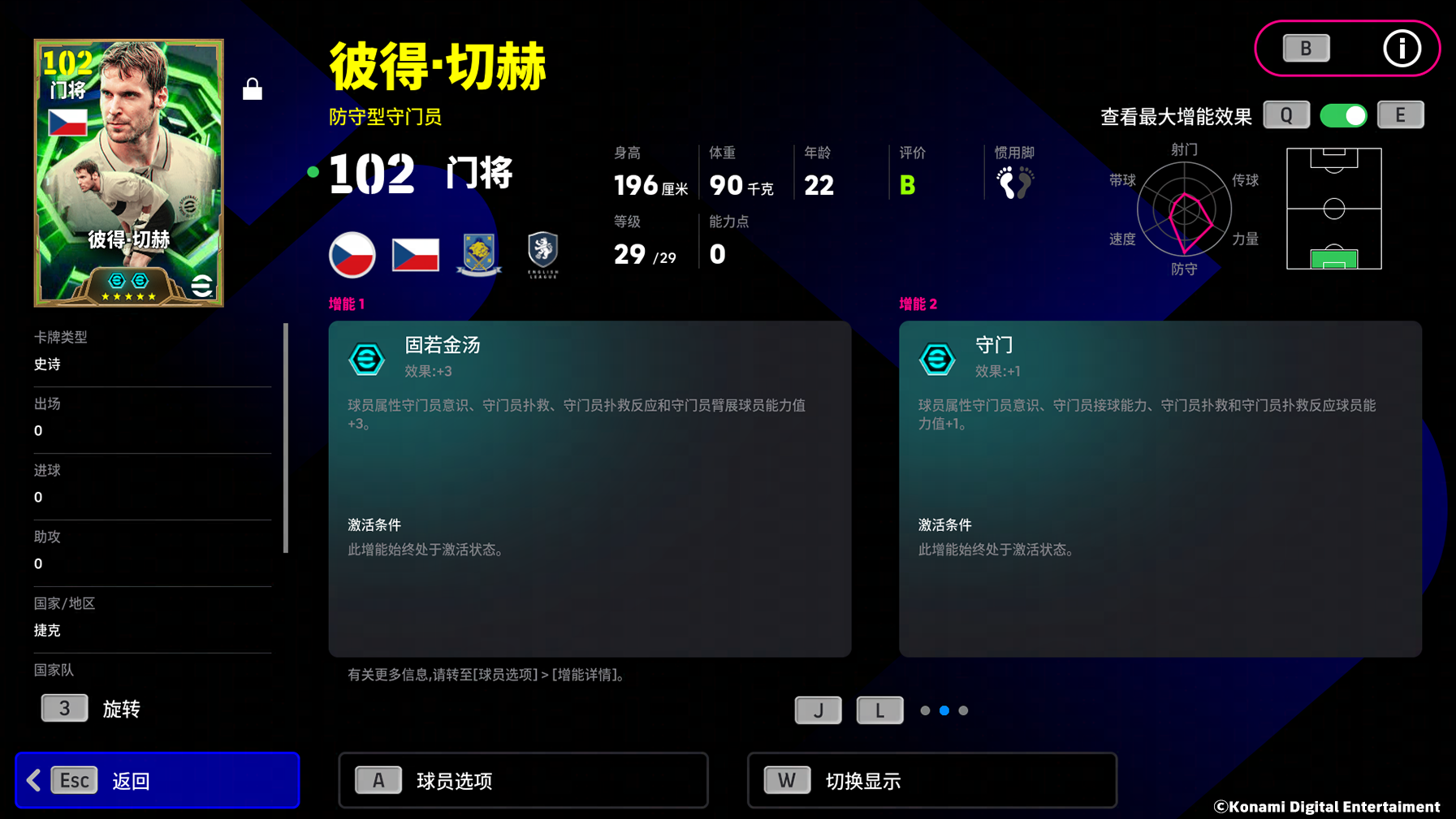 游戏内切赫球员卡属性详情页，重点展示守门相关数值