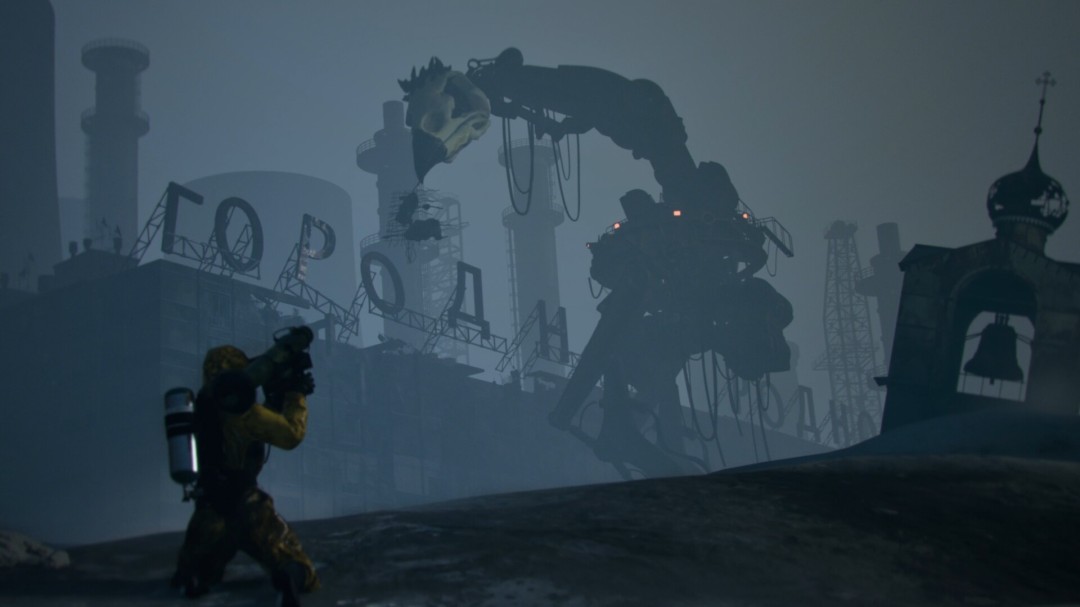 主角靠近地面刻有发光二维码的金属板，周围空间开始扭曲撕裂，出现通往异世界的裂缝