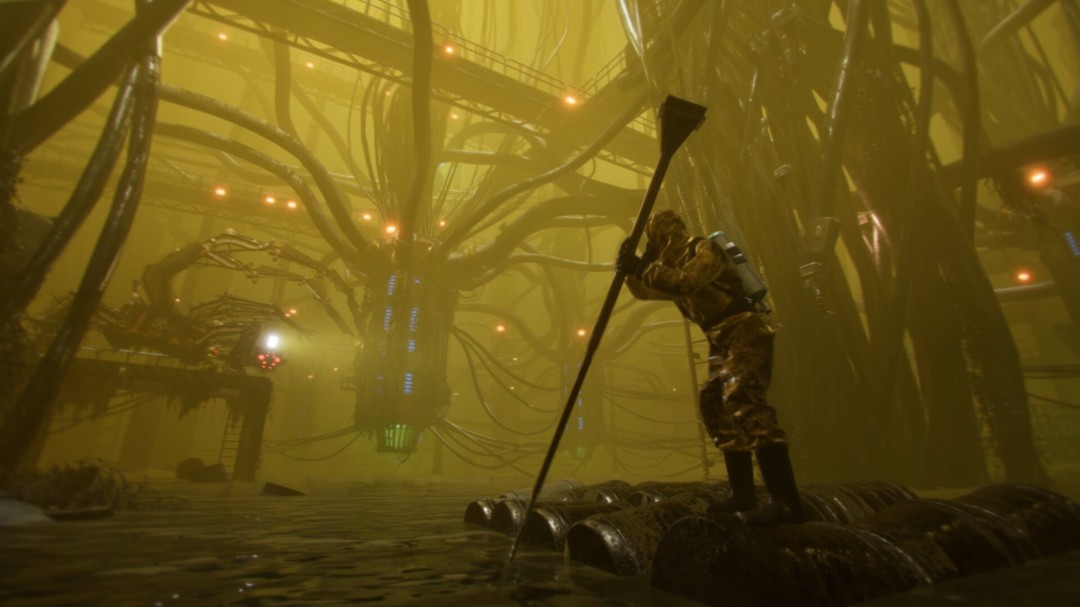 夜景下的废弃工厂内部，光影效果逼真，金属反光细腻，远处有动态烟雾与粒子特效交织