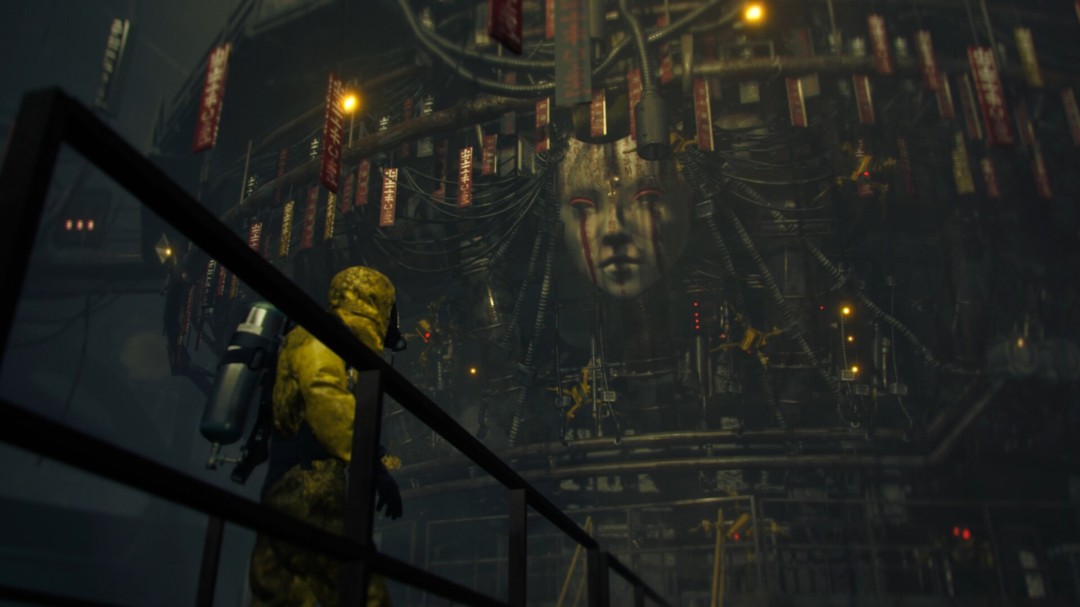 主角在一片布满巨大齿轮与管道的地下设施中前行，头顶有蓝色能量流穿梭，整体氛围压抑而神秘