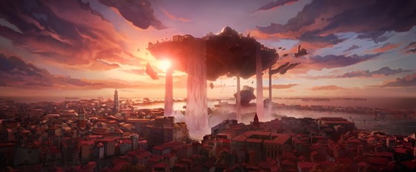 游戏中英雄使用终极技能时的动态画面，角色轮廓发光，背景粒子特效炸裂