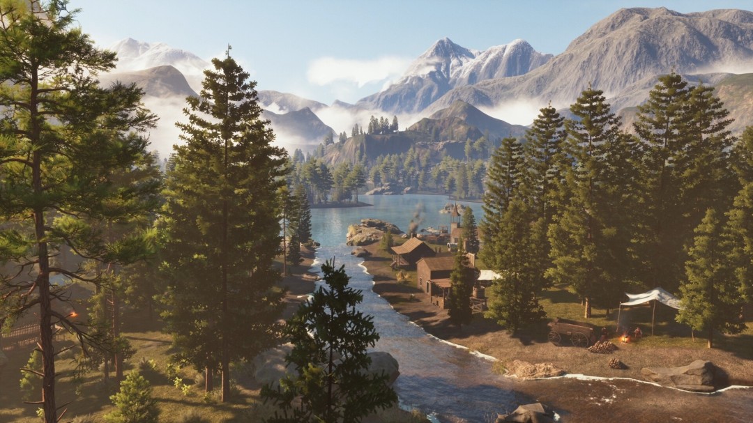 《Westlanders》游戏场景截图，展现黄昏下的西部荒野，一辆改装马车停靠在岩石旁，远处山脉连绵，氛围苍凉而壮阔