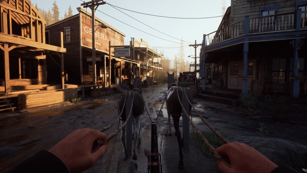 游戏内定居点建设界面展示，UI清晰显示资源状态、建筑选项与科技树分支，背景为初建中的木质围墙村落