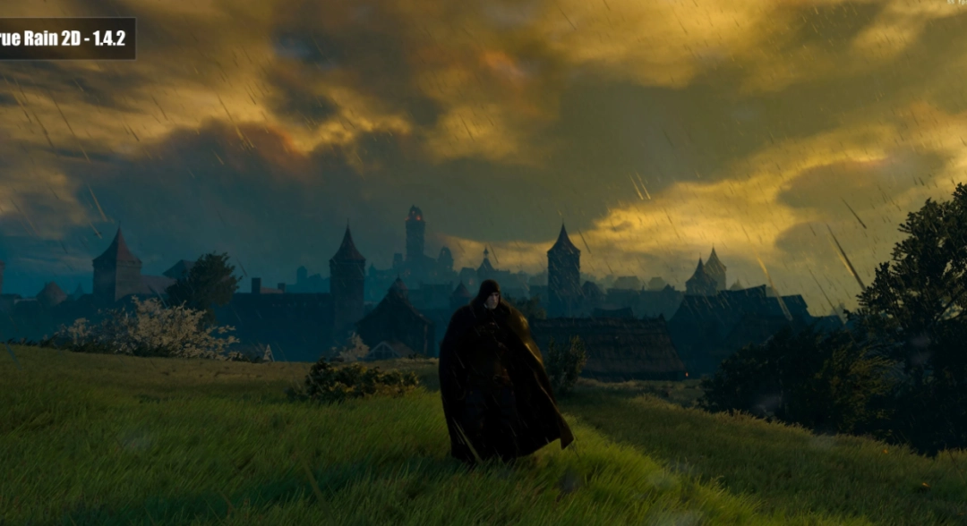 夜幕下的城市街道，霓虹灯在湿漉地面投射出绚丽倒影，雨丝清晰可见