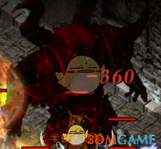 三名玩家合力围攻半兽人首领，技能特效交织，战斗场面激烈