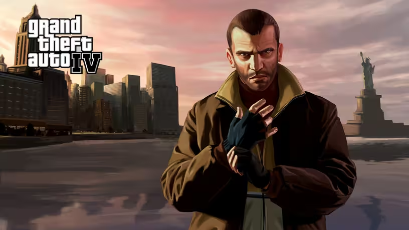 《GTA4》游戏封面与城市街景画面，尼克·贝里奇站在自由城街头，背景是标志性的高楼与霓虹灯