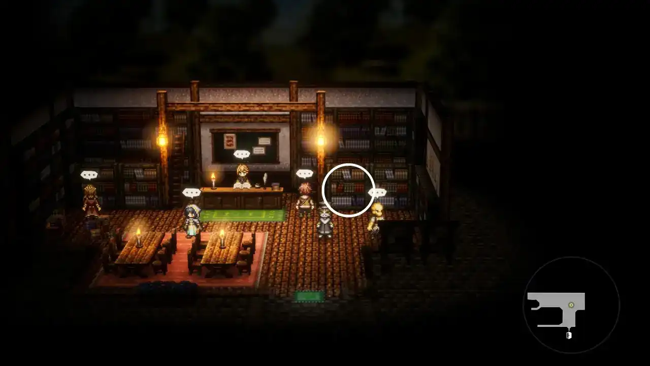 希亚特珀利斯书店内景，右侧高耸书架上一枚发光的纸片夹在书籍之间，环境充满学术气息