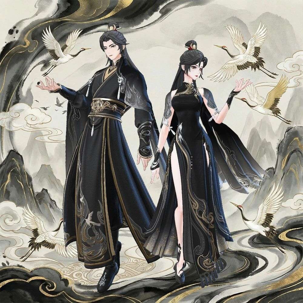 限定时装【衣·玄羽白鹤】展示图，角色身着黑白长袍，肩部有羽毛状装饰，周身环绕淡淡灵气