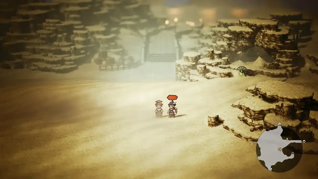 沙零遗迹内部场景，昏暗灯光下角色站在古老石门前，周围散落破损陶罐与符文刻痕