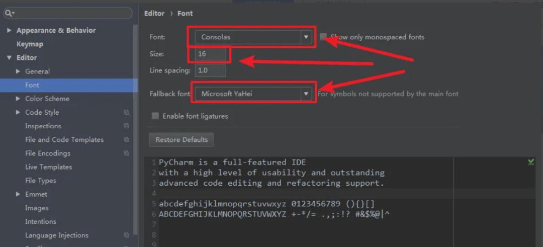 主字体设置界面截图，显示已选中的JetBrains Mono字体及字号16、行高1.2的配置