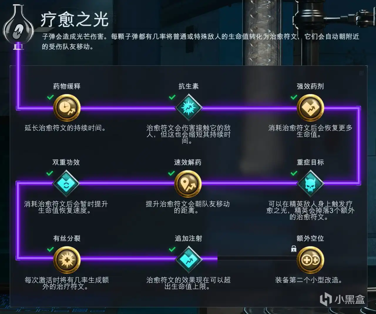 游戏界面展示疗愈之光的改造树，重点标注‘追加注射’改造选项及其属性说明：消耗治疗符文触发过量治疗