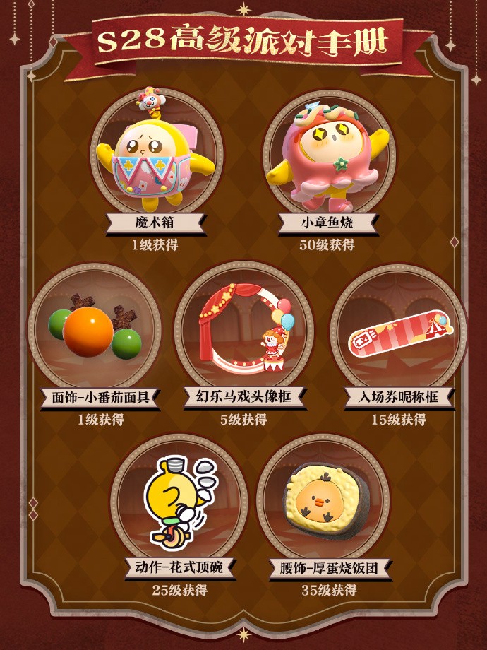 高级派对手册页面展开，金色边框环绕各项奖励图标，中间突出显示‘花式顶碗’动作演示动画