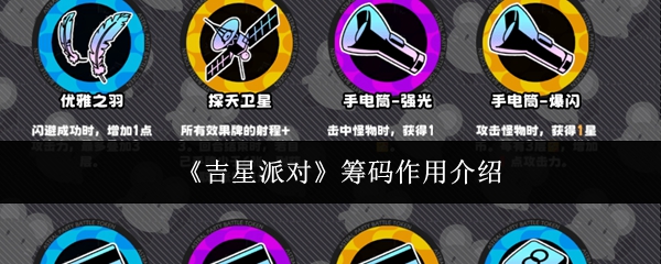 《吉星派对》游戏主界面截图，四名风格迥异的角色并肩站立，背景为霓虹闪烁的科幻都市夜景，右下角悬浮着闪亮的金色筹码图标