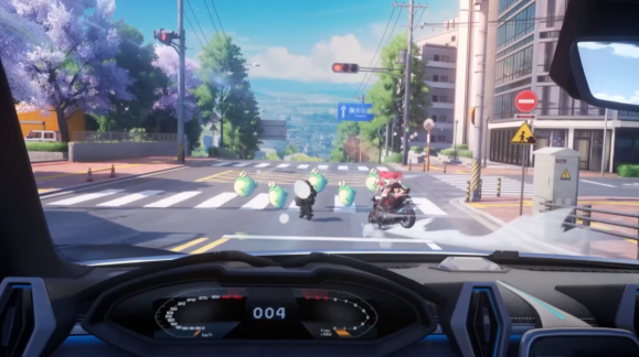 游戏内第一人称视角：摩托车仪表盘特写，左侧显示剩余时间‘02:17’，中央为实时导航箭头，右侧弹出乘客语音气泡‘师傅，能绕开警戒区吗？我赶着去见一个老朋友…’，后视镜中隐约映出远处一座正在坍塌的塔楼