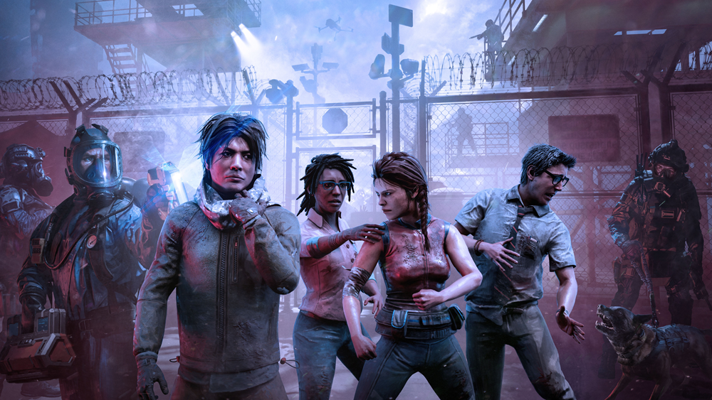 四宫格角色立绘特写：德怀特紧握文件夹略显局促、梅格半蹲蓄势待发、克劳黛特指尖捻着干枯草叶、杰克隐于阴影中仅露出警惕双眼，背景统一为检查站锈蚀金属闸门