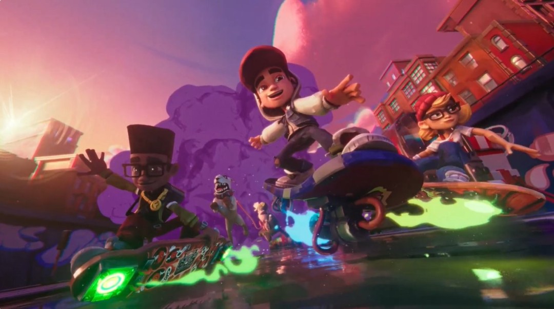 《地铁跑酷：城市》首支官方宣传PV封面图：霓虹闪烁的未来都市天际线下，主角腾空跃过悬浮轨道，身后拖曳炫彩粒子轨迹，画面充满速度感与赛博街头张力