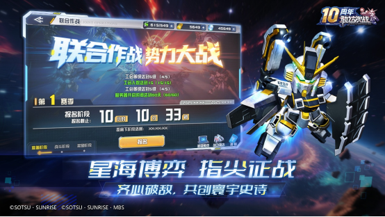 势力大战三维战场全景图：左中右三路战线交错推进，中央巨型母舰为最终目标，各色公会旗帜插满地图，UI界面显示实时战力对比与占领进度条