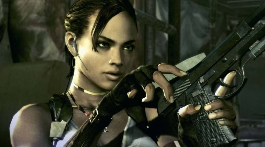 《生化危机：安魂曲》最新实机画面截图，主角里昂·肯尼迪身着战术风衣穿行于阴森废弃教堂，手电光束划破黑暗，背景可见破损彩窗与若隐若现的怪物剪影