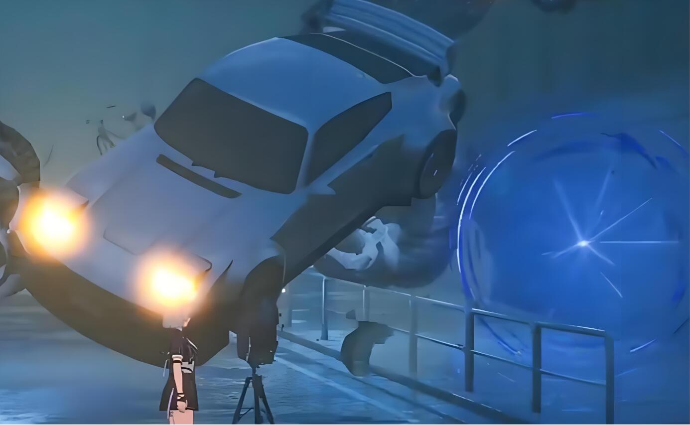 玩家站在海特洛十字路口，周围建筑正发生几何畸变：左侧楼宇镜像翻转，右侧街道螺旋上升，脚下路面浮现发光的多维坐标网格