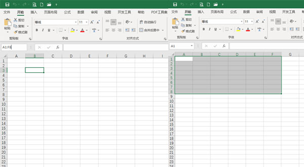 Excel顶部界面截图：名称框内清晰显示‘A1:F8’字符，周围区域已呈蓝色高亮状态