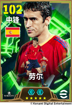 劳尔身穿西班牙国家队白色战袍高举双臂庆祝进球，背景为灯火辉煌的世界杯球场，神情坚毅而充满王者气场