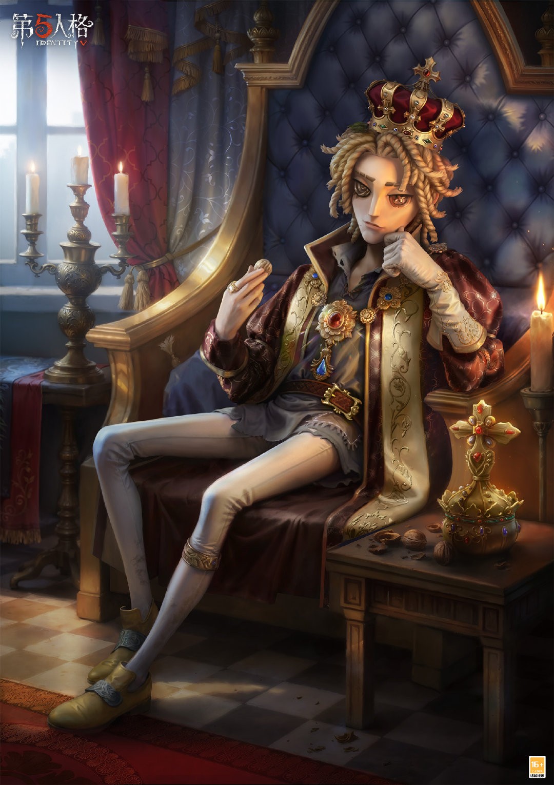《第五人格》新时装‘骑士’-冠冕下的‘爱德华’官方海报：角色身着猩红镶金王袍，端坐于浮雕穹顶宫殿中央，背景烛火摇曳，面部光影交错，透露出神秘而忧郁的气质