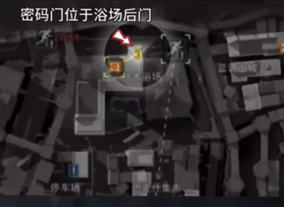 巴克什浴场后门实景导航图，红圈标注锈蚀铁门位置，箭头指示更衣区墙角行进路径