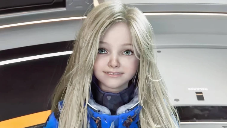 《识质存在》主视觉图：荒凉月表基地前，主角休·威廉姆斯半跪于地，仰望悬浮在低空、散发柔光的少女形态安卓机器人‘戴安娜’，她裙摆微扬，双臂张开似守护姿态，背景是巨大环形山与泛着冷蓝光泽的月矿结晶结构