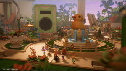 动态演示GIF：一只圆滚滚的‘卜卜族’粒粒蹦跳着推开木屑小屋的门，举起用树叶卷成的邀请函，身后跟着提着浆果篮子的绒绒族，画面温馨灵动