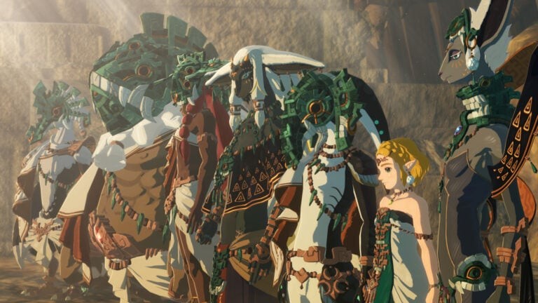 《塞尔达无双：封印战纪》游戏封面图：苍茫古战场之上，塞尔达公主手持光之剑凌空跃起，身后浮现出劳鲁国王、米涅鲁及多位贤者虚影，背景是崩裂的海拉鲁城堡与遮天蔽日的暗影军团