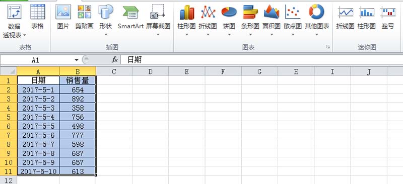 Excel界面截图：选中A1:B11数据区域后，插入折线图的操作路径高亮显示，背景为浅灰工作表界面