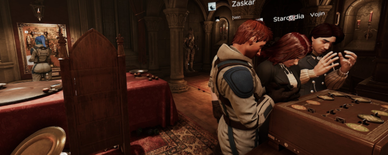 《密室逃脱模拟器2》游戏主界面截图：复古欧式大堂场景，中央摆放一张深色棋桌，四周环绕四把雕花扶手椅，光线柔和，氛围静谧