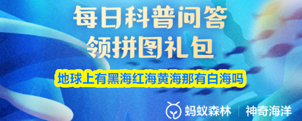 支付宝神奇海洋答题界面截图：蓝色背景上显示题目‘猜一猜地球上有黑海、红海、黄海，那有白海吗？’，下方高亮显示绿色正确答案‘真的有哦’，右上角可见蚂蚁庄园与海洋生态修复主题插画