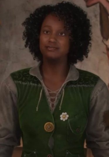 AI重制后的黑人女性NPC正面特写，轮廓立体、眼神灵动、发丝细腻、服饰带有非洲传统纹样与现代剪裁融合设计