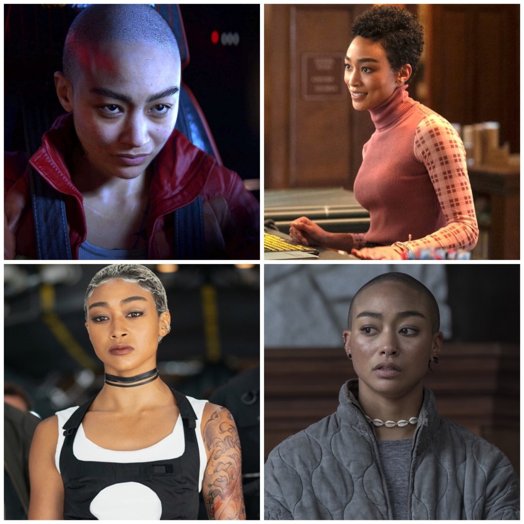 塔蒂·加布里埃尔现实工作照：身着简约黑衣站在摄影棚绿幕前，正进行面部动捕校准，头戴精密传感器设备，神情专注